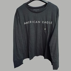 American Eagle Long‎ Sleeve T-Shirt Black STAFF Logo Crew Medium Sweater NWOT